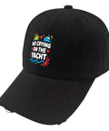 Adjustable Mens Hat With Front Artwork Ventilated Mesh Crown Breathable Cap For All Day Comfort Sweat Wicking Performance Ideal For Outdoor Activities And Summer Beachwear, black cap with 'No Crying on the Yacht' embroidery