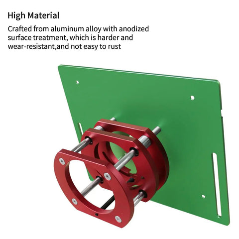 Heavy Duty Aluminum Router Table Insert Plate With Precise Cnc Milled Smooth Surface And Clear Laser Etched Scale Marks, green backboard, red mounting rings.