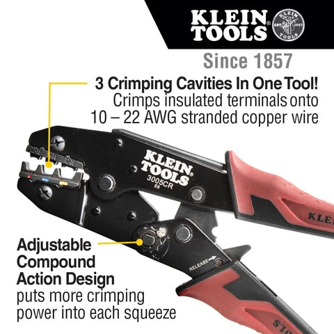 Pro-Grade Wire Stripper And Ratcheting Crimper Kit For Insulated Terminals, close-up of crimp tool with red handles and branding