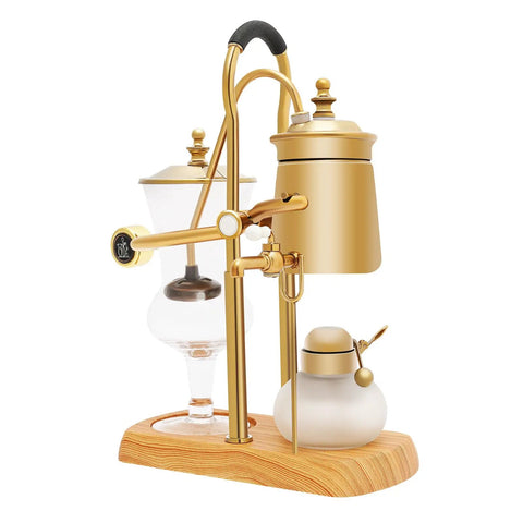 Retro Siphon Coffee Maker With Dope Vacuum Brewer Vibe, Belgian Royal Family Style, Elegant Gold Finish, borosilicate glass and stainless craft