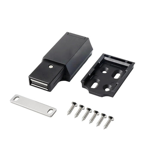 Push To Open Cabinet And Drawer Latches Multipurpose Hardware Accessory includes black latch, screws, and mounting plate.