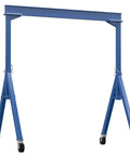 Industrial Grade Steel Fixed Gantry Crane, 10 Ft Span, 4000 Lb Capacity, rock solid blue frame, smooth locking casters.