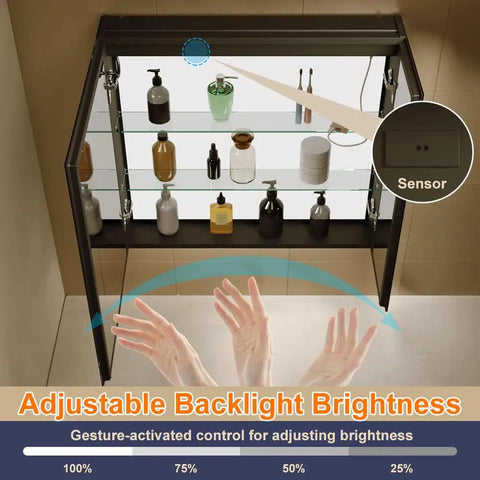 LED Lighted Bathroom Medicine Cabinet With Backlit Panel, USB Sockets, Anti Fog, showing gesture-controlled brightness adjustment.
