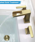 8 Inch Widespread Brushed Gold Bathroom Faucet With Slick Waterfall Flow, 3 Holes Deck Mount, Stainless Steel Pop Up Drain