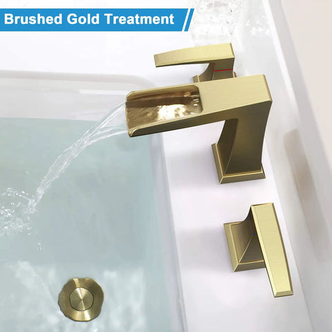 8 Inch Widespread Brushed Gold Bathroom Faucet With Slick Waterfall Flow, 3 Holes Deck Mount, Stainless Steel Pop Up Drain