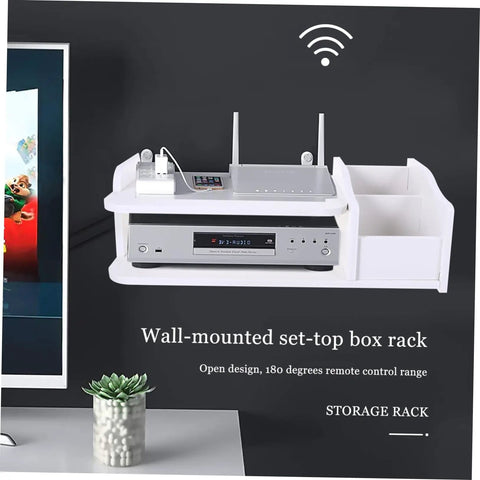 Heavy Duty Wall Mount Router Holder And Cable Management Rack With No Drill Quick Install And Thick Plate Storage Shelf For Your Home Office Setup Plus Sweet Ventilation And Solid Grip, white wall-mounted shelf with router.
