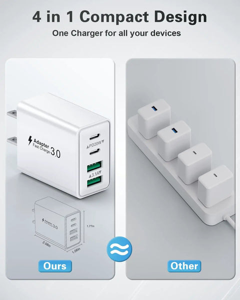 40W USB-C Quad Charger Block With Four Ports, Fast PD And QC Wall Charger For iPhone 17 To 11 Pro Max And Samsung, Dual USB-C PD Ports, 20W Max Per Port, Fast Charge Up To 3x Faster. White 4-port compact charger