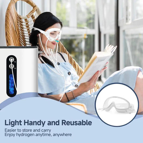 Woman reading while wearing 3-In-1 Hydrogen Inhalation Goggles For Eye Heat, Massage And H2 Care, in a relaxing setting.