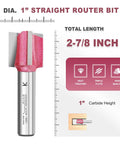 Heavy Duty Straight Router Bit Featuring Heat Treated Tungsten Carbide Blades, 1-inch diameter, 2-7/8 inch total length.