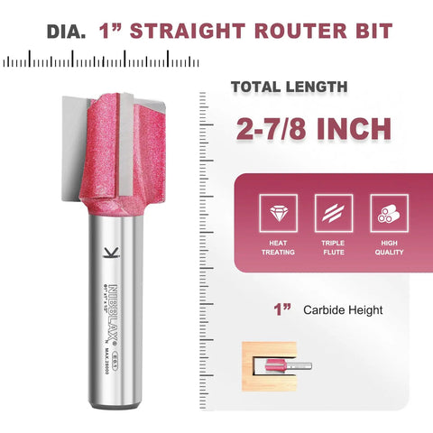 Heavy Duty Straight Router Bit Featuring Heat Treated Tungsten Carbide Blades, 1-inch diameter, 2-7/8 inch total length.