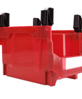 Mount These Red Heavy Duty Stackable Wall Storage Bins For Garage Organizer Plastic Tool Caddies Built Super Durable For Shop Warehouse And Home Organization Flex - close-up view of red plastic storage bin with mounting clips.