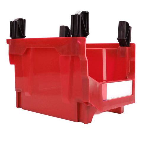 Mount These Red Heavy Duty Stackable Wall Storage Bins For Garage Organizer Plastic Tool Caddies Built Super Durable For Shop Warehouse And Home Organization Flex - close-up view of red plastic storage bin with mounting clips.