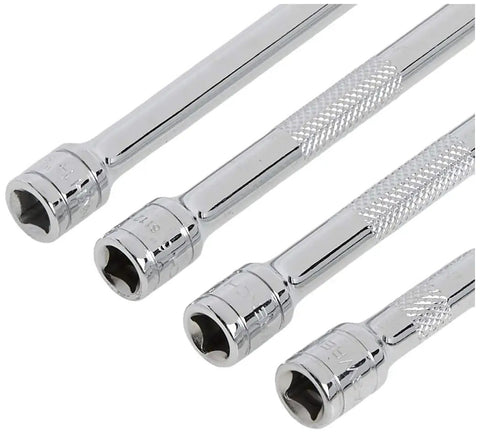 Wobble Extension Set For One Quarter Inch Drive With Two Inch, Four Inch, Six Inch And Fourteen Inch Extensions, chrome with knurled grip