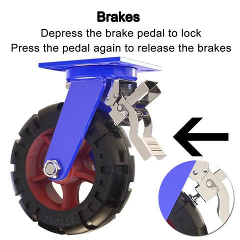 Close-up of brake pedal on Four Pack Heavy Duty Swivel Plate Caster With Brakes Rock Solid 3300 Lbs Load Capacity, steel plate shown.