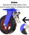 Close-up of a heavy duty swivel caster wheel with brake pedal. Set Of 4 Heavy Duty Swivel Caster Wheels With Brakes Solid Rubber Industrial Floor Casters For Racks And Cart Tops 5500 Lb Load Capacity Built To Move Heavy Loads Without Breaking A Sweat.