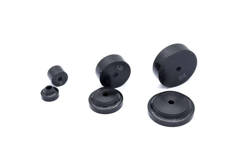 Three Piece Hole Punch And Flare Tool Set With Dimple Plate Dies In Black for 16 Gauge Steel, showing multiple black circular dies.