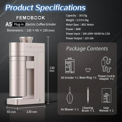 Premium Electric Burr Coffee Grinder Featuring 53mm Stainless Steel Conical Burrs For On Point Single Dose Control Bangin Espresso And Hella Smooth Brew Game dimensions and specifications display.