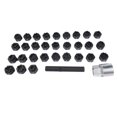Premium 32Pcs Wheel Locking Nut Key Kit For Mercedes Benz And More Anti-Theft Lug Removal Tool Set Spline Adapter Socket With Versatile Design To Keep Your Rims Safe And Stop Thefts From Happening., 32 black metal wheel lock sockets, adapter and punch tool
