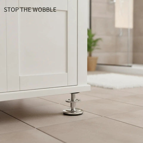 Threaded Adjustable Furniture Leg With Chrome Finish, 1.2 To 7.1 Inch Height Range on cabinet, stabilizing on tiled floor