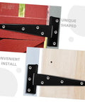 Five Inch Black Painted Galvanized T Type Weld On Door Hinges for Exterior Gates and Shed Doors on red and wooden panels