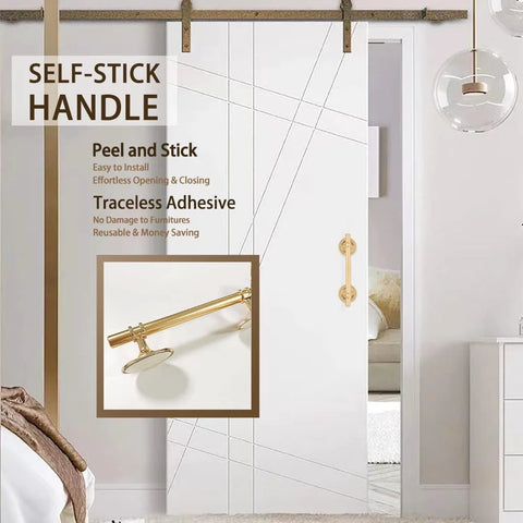 Gold 5-inch self-stick cabinet handle installed on door, part of a 2 Pack 5 Inch Self Stick Cabinet Handles With Adhesive Gold Metal Drawer Pulls