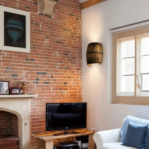 Living room with brick wall featuring Antique Wood Wine Barrel Wall Sconce For Bar Area With Up And Down Lighting Steampunk Vibe Indoor Wall Lamp