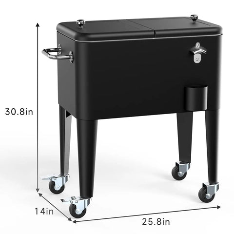 60 Quart Rolling Ice Chest With Wheels, Portable Outdoor Beverage Cooler, Bottle Opener And Cap Collector, Ideal For Patio Parties, BBQs, Beach Trips, Black