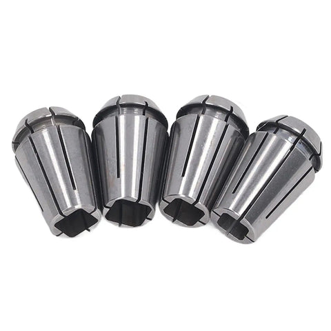 Durable Spring Steel ERG16 Collet Chuck for rotary tools showing four strong steel collets used in boring and milling tasks.