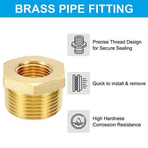 Brass Hex Bushing Two Pack One Half Inch NPT Female To One Inch NPT Male Reducer Pipe Fittings with thread design details