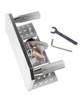 Badass Aluminum Alloy Belt Grinder Knife Jig With Hella Smooth Angle Adjustment, heavy-duty design shows angle adjustment and tools.