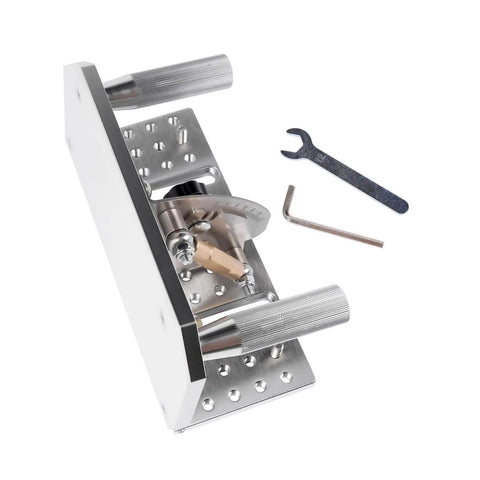 Badass Aluminum Alloy Belt Grinder Knife Jig With Hella Smooth Angle Adjustment, heavy-duty design shows angle adjustment and tools.