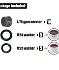 High Flow Faucet Aerator Insert Set Pro Grade 4.75 GPM at 43 PSI 10 Pack with M22 and M24 Washers FAG-P10 package contents