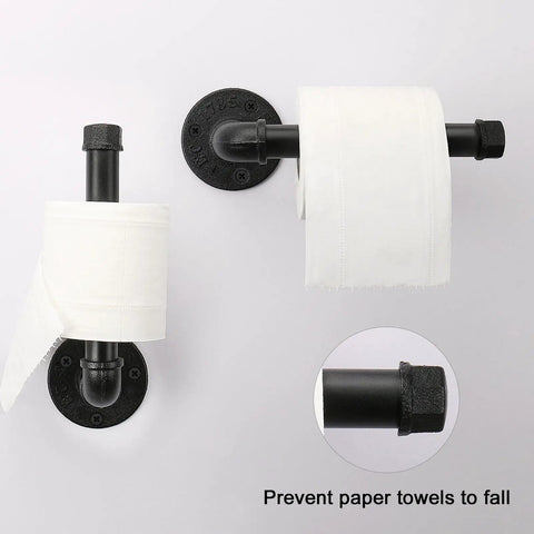 Five Piece Industrial Pipe Bathroom Accessories Hardware Kit For Wall Mounting Includes 18 Inch Towel Bar Towel Ring Toilet Paper Holder And Two Robe Hooks Black Rustic Finish For A Sleek Farmhouse Bath featuring toilet paper holder.