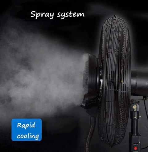 Heavy Duty Three Speed Floor Cooling Fan With Adjustable Mist Spray And High Velocity Air Circulation cranks out cool breezes with mist.