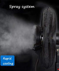 Heavy Duty High Velocity Misting Pedestal Fan With Three Adjustable Speed Settings And Rock Solid Construction To Keep It Fresh On Burnin Summer Days Ideal For Gym Spaces Outdoor Patios Or Industrial Warehouses misting spray system in action.