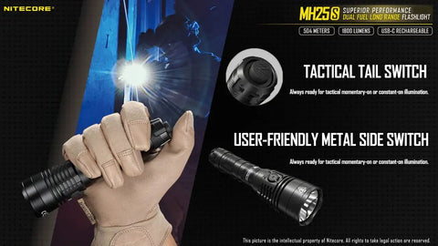 Gloved hand holding MH25S 1800 Lumen Tactical Flashlight With 551 Yard Throw USB C Rechargeable And LumenTac Organizer