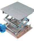 Stainless steel lab jack lift table with blue knob and 4x4in platform.