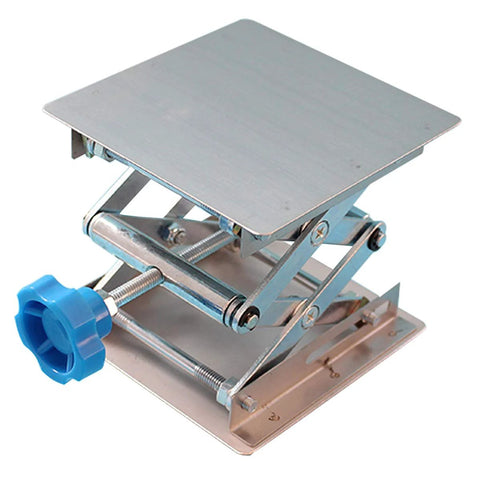 Stainless steel lab jack lift table with blue knob and 4x4in platform.