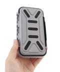 Person holding Double Sided Waterproof Tackle Storage Box With 16 Compartments, Heavy Duty Latch, gray, compact size
