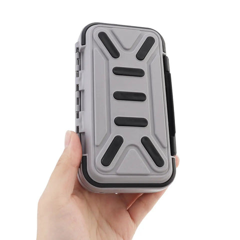Person holding Double Sided Waterproof Tackle Storage Box With 16 Compartments, Heavy Duty Latch, gray, compact size