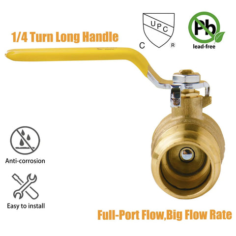 Front view of lead-free brass 1/2" press ball valve with yellow handle, anti-corrosion symbol, for Press Ball Valve Fittings One Half Inch Lead Free Brass 10 Pack For Copper Tubing Water HVAC And Heating Systems Easy Install With Isolation And Throttle Function.