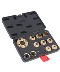 Solid Brass Router Template Bushing Guides Set 11 Piece Heavy Duty Woodworking Kit in black case with brass bushings visible.
