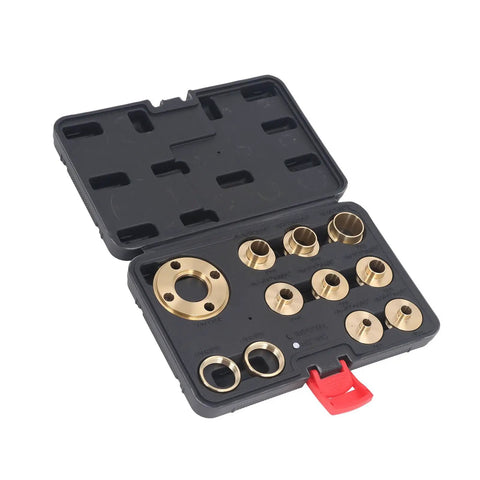 Built Tough Brass Router Bushing Set With 11 Precision Templates For Rock Solid Woodworking Trims And Flip Plate Rigs That Truly Nail Every Finished Cut in a black case with brass templates.
