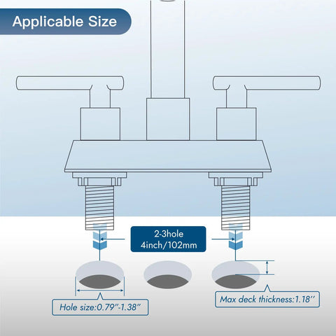 Diagram showing 4 inch centerset bathroom faucet with double handles, brushed nickel finish, fits standard 2 to 3 hole sinks.