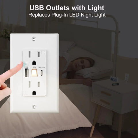 Heavy Duty 15 Amp Wall Outlet With Built In Night Light And Dual Usb Charging Slick White Finish Plug And Play Setup Real Reliable Juice For All Your Daily Gear, with a finger pressing USB and night light.