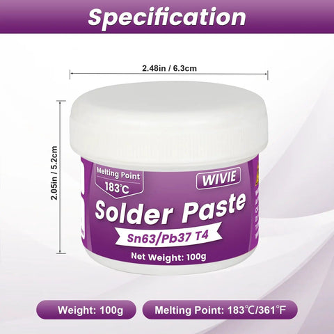 Pro Grade Sn63 Pb37 Solder Paste With T4 20-38 Micron Particles And 183 C Melting Point For Electronics PCBs And BGA Soldering No Clean Flux Ready To Use 100G dimensions label