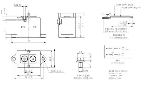 Built Like A Tank High Voltage Dc Relay Contactors With Ceramic Seal 60 Amp 1000 Volt Switch dimensional diagram showing sizes and wiring.
