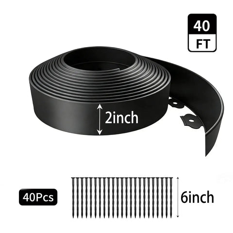 No Dig Garden Edging Border 2 Inches Tall 40 Feet Long Flexible Plastic With 40 Stakes for gardens and lawns