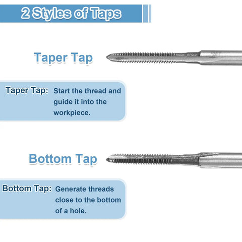 Image showing taper tap and bottom tap from 10 Piece Metric Hand Tap Set M1.6 X 0.35 H2 Thread Taper And Bottom Tap For Precision Threading.