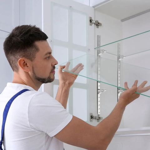 Man installing Heavy Duty 6 Pack 36 Inch Shelf Pilaster Tracks With 36 Shelf Clips Set For Adjustable Wall Shelving System